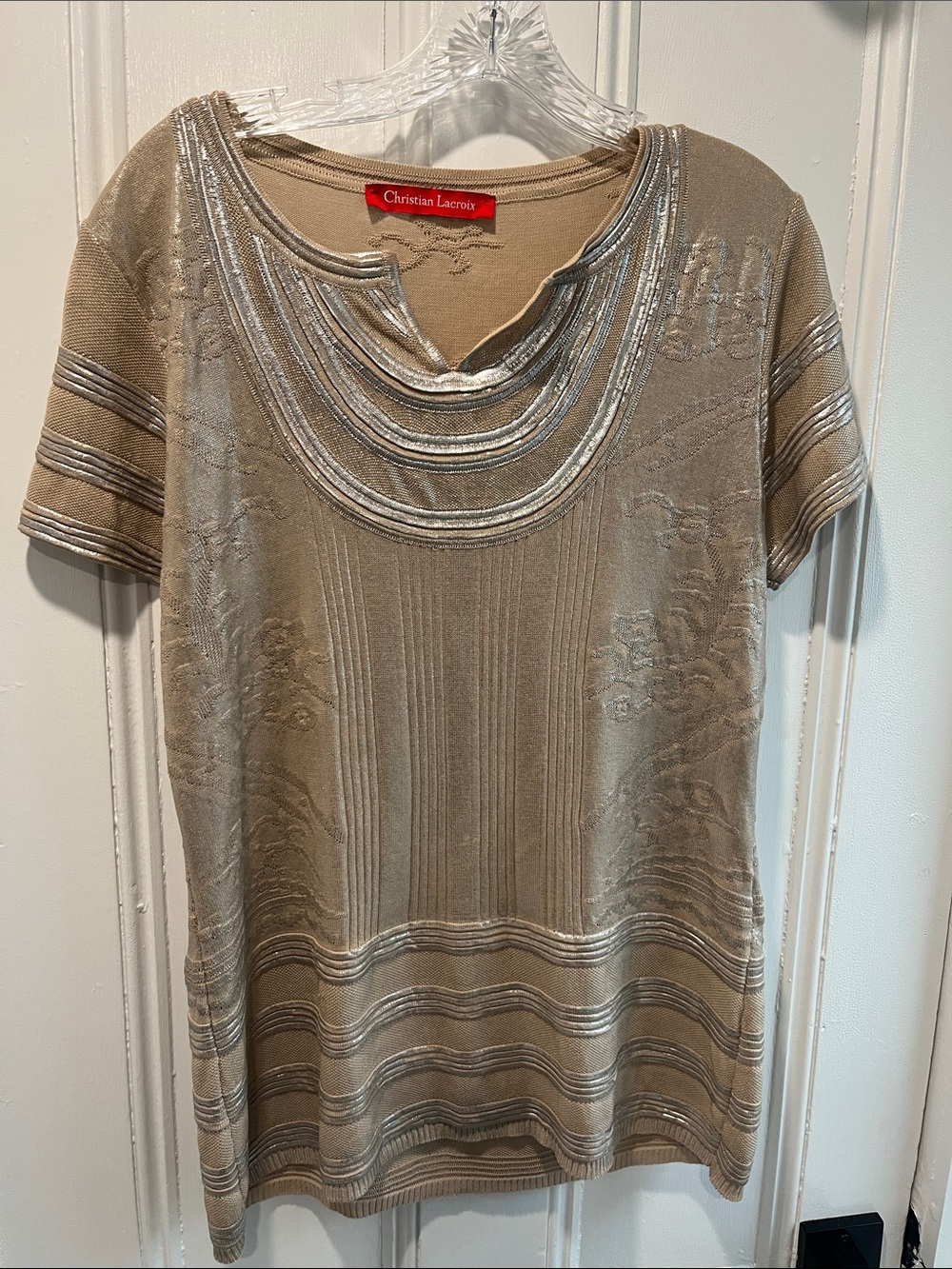Christian Lacroix Taupe Short Sleeve Top with Silver Trim